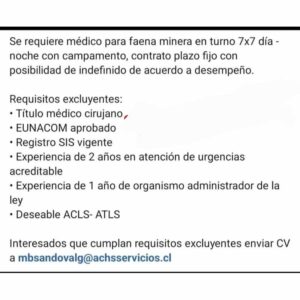 Médico para Faena Minera
