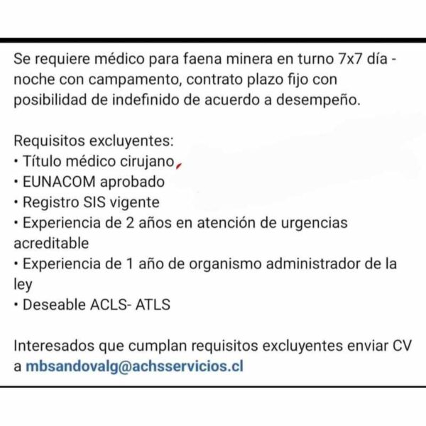 Médico para Faena Minera