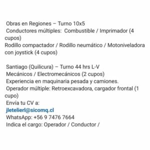 Operadores y Mecánicos para Obras en Regiones