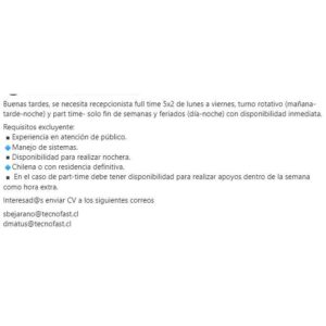 Recepcionista Full Time y Part Time
