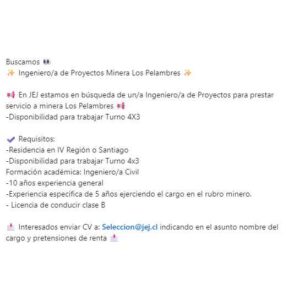 Ingeniero/a de Proyectos Minera Los Pelambres