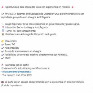 Operador Grúa con Experiencia en Minería
