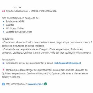 Oportunidad Laboral en MECSA INGENIERÍA SPA