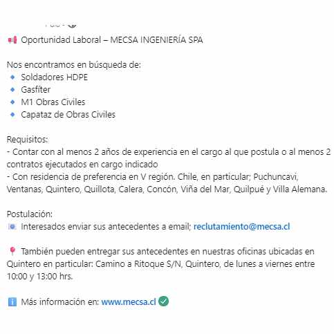Oportunidad Laboral en MECSA INGENIERÍA SPA