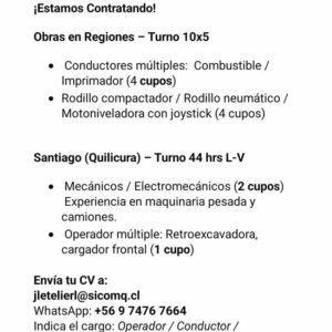 Operadores y Mecánicos para Obras