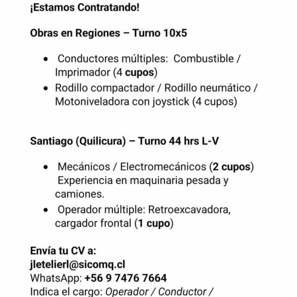 Operadores y Mecánicos para Obras