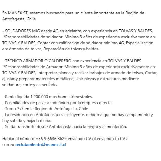 Soldadores y Técnicos en Antofagasta
