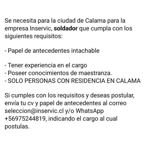 Se necesita soldador en Calama