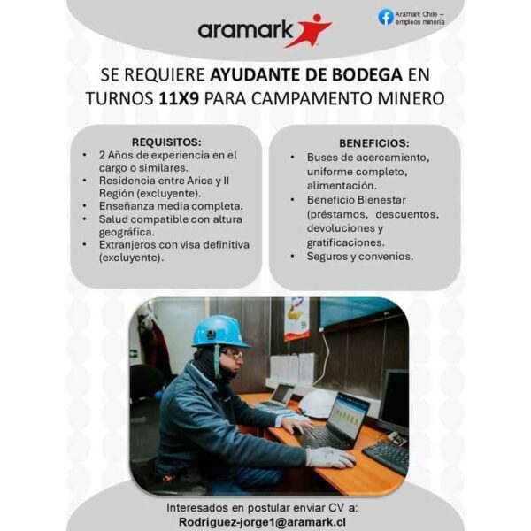Ayudante de Bodega para Campamento Minero