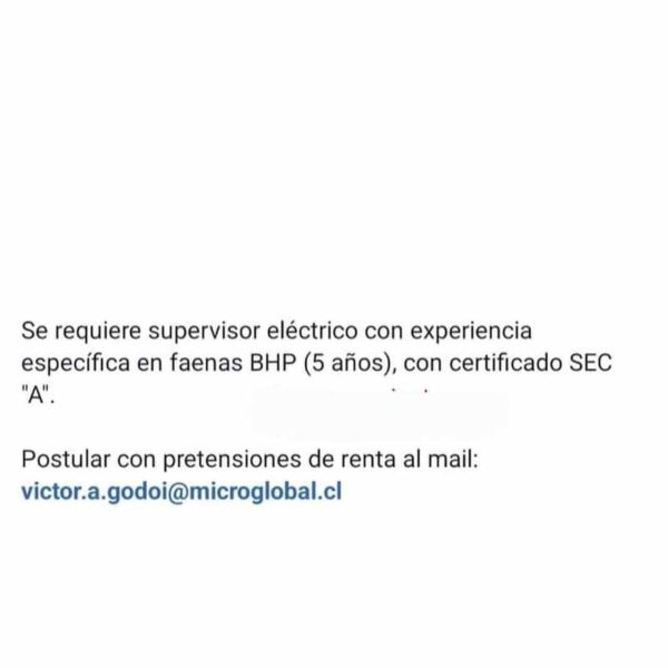 Supervisor Eléctrico en Faenas BHP