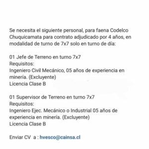 Jefes y Supervisores de Terreno para Codelco