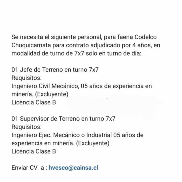 Jefes y Supervisores de Terreno para Codelco