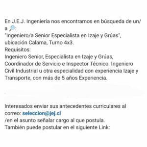 Ingeniero/a Senior Especialista en Izaje y Grúas