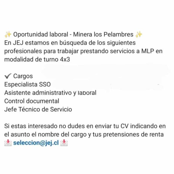 Oportunidad laboral en Minera Los Pelambres
