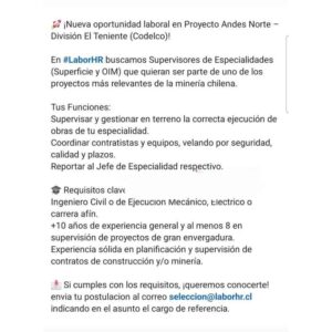 Oportunidad laboral en Proyecto Andes Norte - División El Teniente
