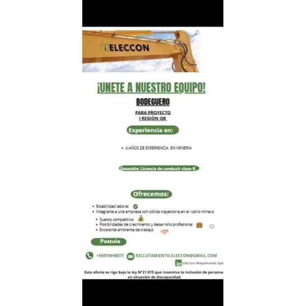 Bodeguero para Proyecto en Región QB