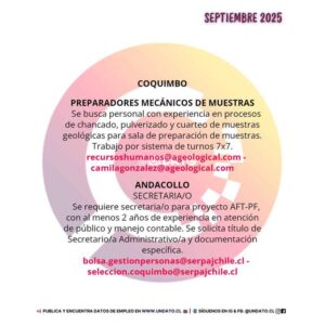 Empleo en Coquimbo - Preparadores Mecánicos y Secretaría
