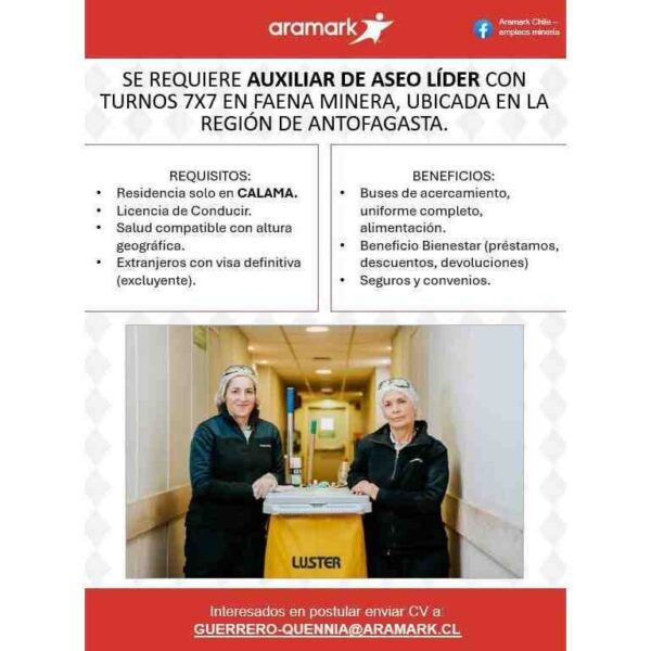 AUXILIAR DE ASEO LIder en Faena Minera