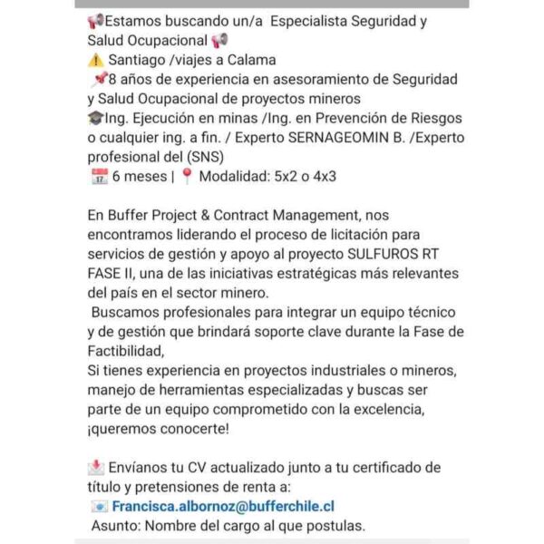 Especialista en Seguridad y Salud Ocupacional