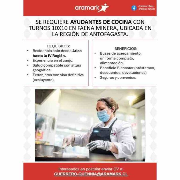 Ayudantes de cocina para faena minera - turnos 10x10, Antofagasta