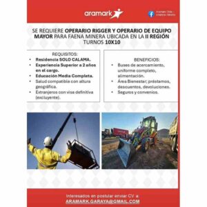 Operario Rigger y Operario de Equipo Mayor – Faena minera (Turnos 10x10)