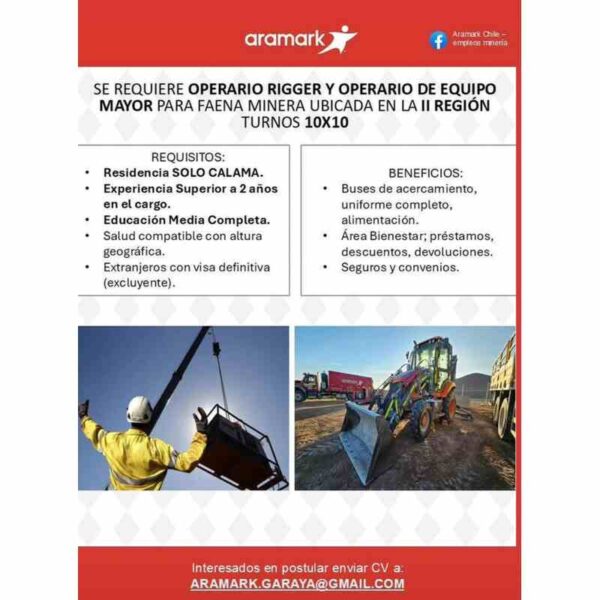 Operario Rigger y Operario de Equipo Mayor – Faena minera (Turnos 10x10)