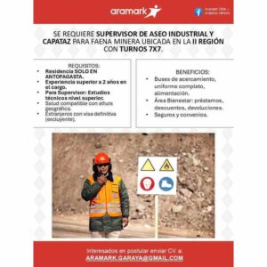 Supervisor de aseo industrial y capataz para faena minera – turnos 7x7