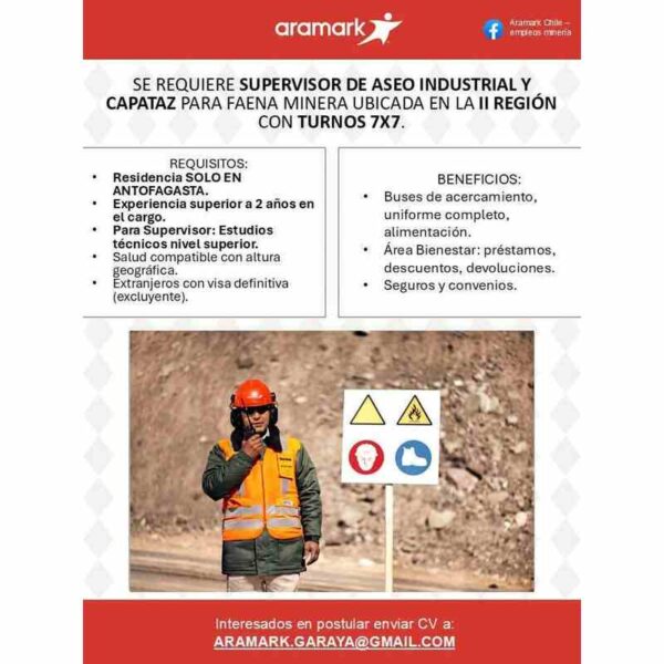 Supervisor de aseo industrial y capataz para faena minera – turnos 7x7