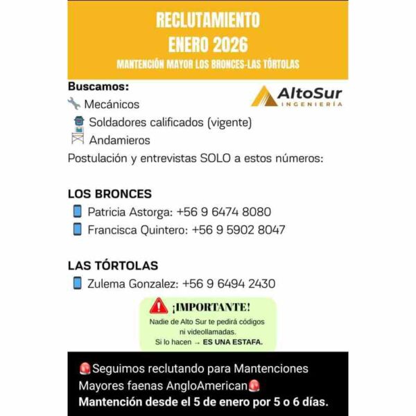 Reclutamiento enero 2026 - Mantenimiento mayor Los Bronces-Las Tórtolas