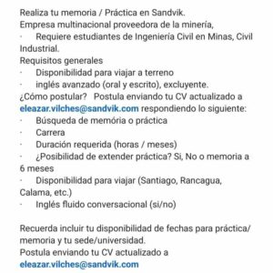 Práctica o memoria en Sandvik - Ingeniería Civil en Minas / Civil Industrial