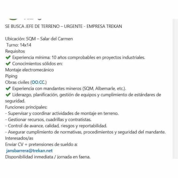 Jefe de Terreno – Urgente