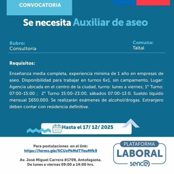 Auxiliar de aseo - Turnos 6x1 en Taltal, Antofagasta