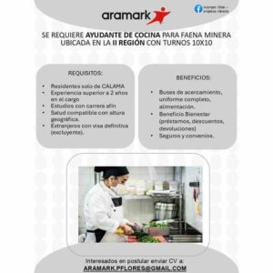 Ayudante de Cocina para faena minera – Turnos 10x10