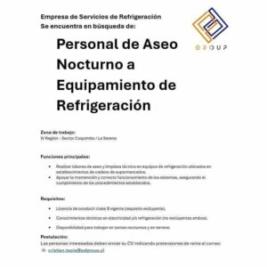 Personal de Aseo Nocturno a Equipamiento de Refrigeración
