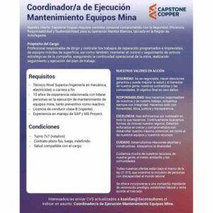 Coordinador/a de Ejecución Mantenimiento Equipos Mina