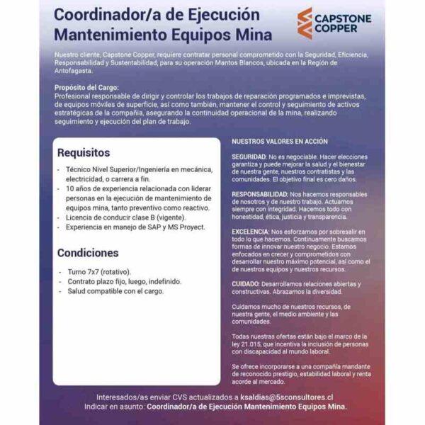 Coordinador/a de Ejecución Mantenimiento Equipos Mina