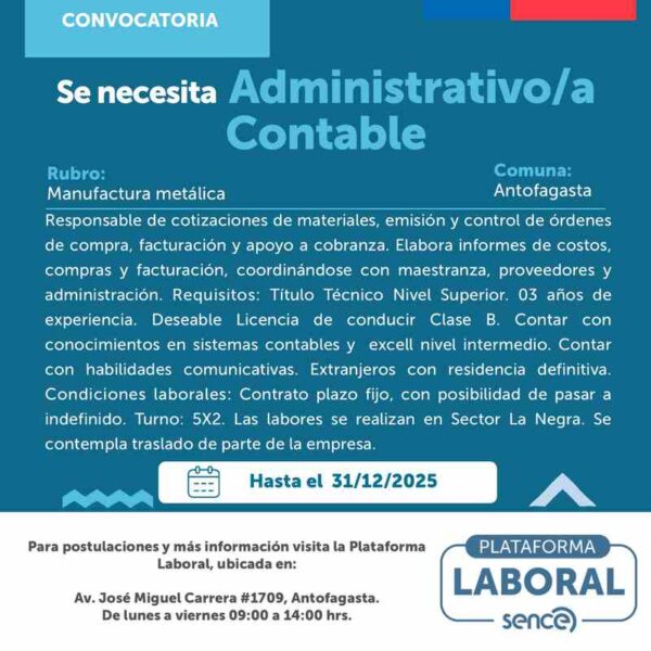 Administrativo/a Contable - Manufactura Metálica