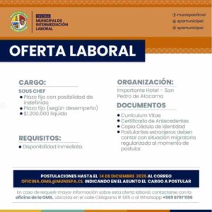 Sous Chef - Hotel en San Pedro de Atacama