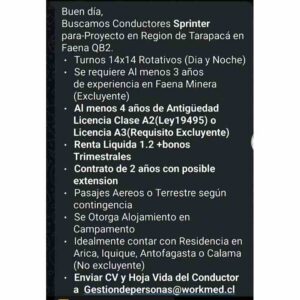 Conductores Sprinter para faena QB2 en Tarapacá