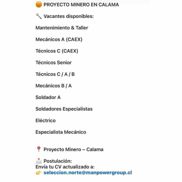 Proyecto Minero en Calama - Vacantes disponibles
