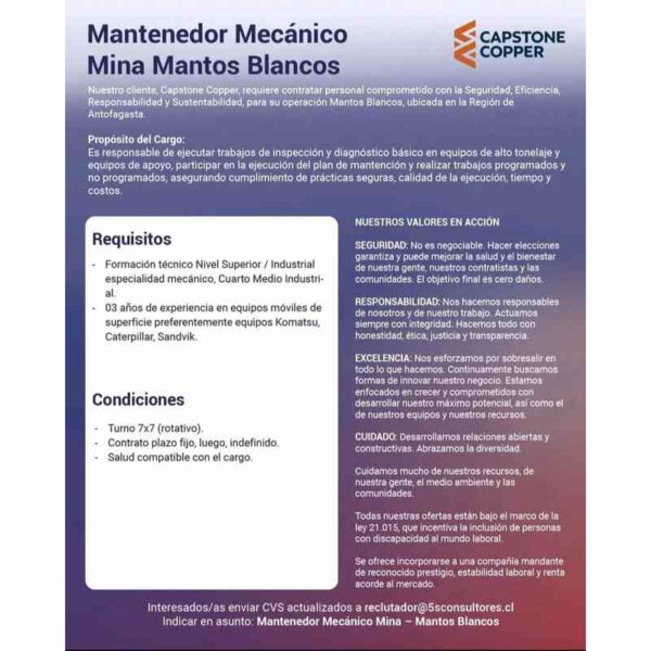 Mantenedor Mecánico Mina Mantos Blancos