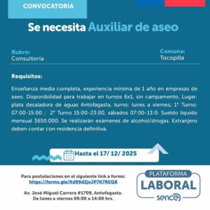 Auxiliar de aseo – planta desaladora, Tocopilla