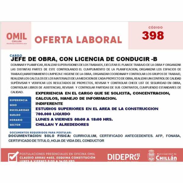 Jefe de Obra con Licencia de Conducir B
