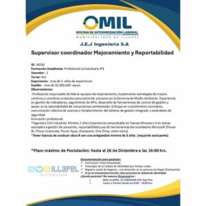 Supervisor coordinador de Mejoramiento y Reportabilidad