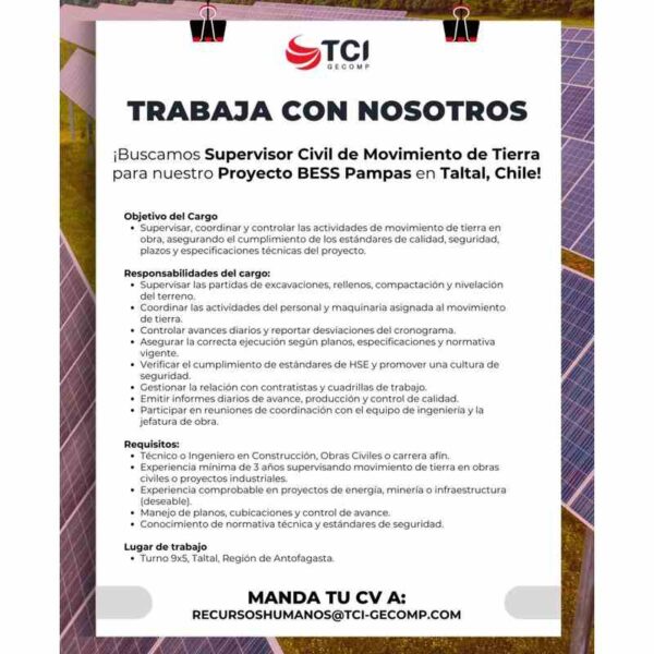 Supervisor Civil de Movimiento de Tierra - Proyecto BESS Pampas, Taltal, Chile