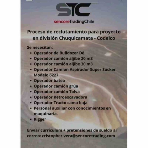 Proceso de reclutamiento para proyecto en Chuquicamata - Codelco