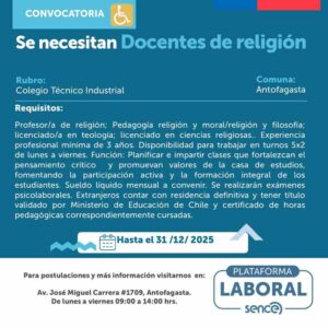 Docentes de religión para Colegio Técnico Industrial - Antofagasta