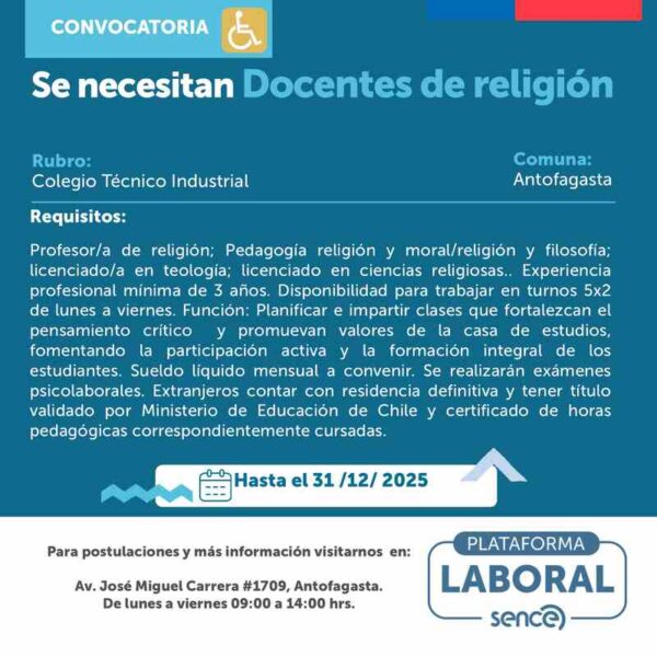 Docentes de religión para Colegio Técnico Industrial - Antofagasta