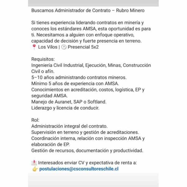 Administrador de Contrato – Rubro Minero