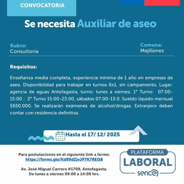 Auxiliar de aseo - turno 6x1